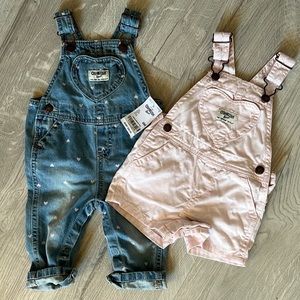 OshKosh overalls blue with hearts 6m and pink ones are 12 months(run small)